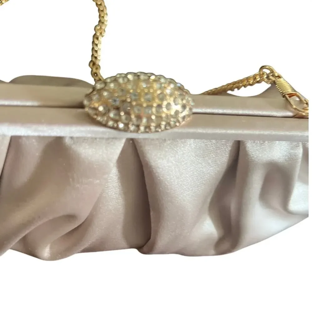 Kelly & Katie Evening Bag Pleated Clutch Satin Champagne Gold Rhinestone Chain